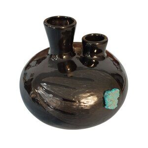Black Double Spout Vase With Etched Bear Claw and Turquoise Colored Stones